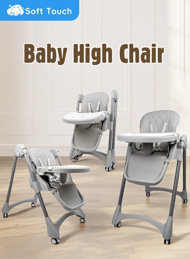 Soft Touch 3-in-1 Baby High Chair, Foldable Toddler Feeding Chair with Removable Soft Cushion and Double Tray, 8 Height Levels, 4 Recline Positions, Baby Dining Chair with Wheels and Storage Basket, Baby Dining Chair for 6–36 Months (Grey) - Image 1